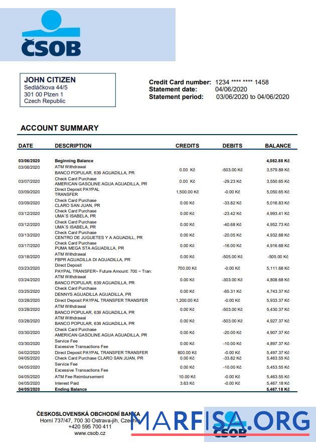 Downloadable Czech Republic Československá Obchodní Banka bank statement word template